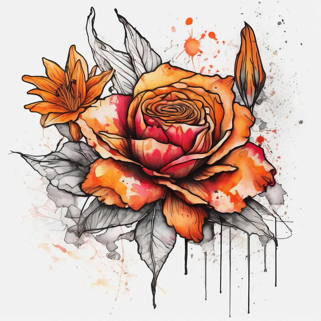 a colorful, vibrant, watercolor tattoo with one red rose, one orange lily, one gold marigold, and one orange cosmos flower and with splashes of color mushroom tattoos, AI-generated Sketch tattoo design
